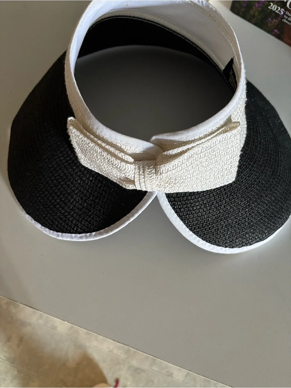Women’s Black and White Straw Visor Hat with Adjustable Band